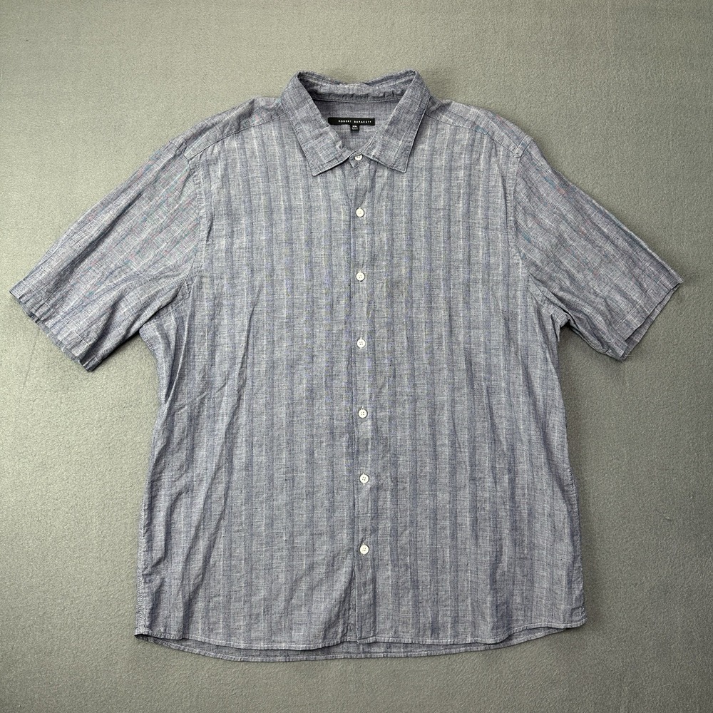 Robert Barakett Linen Blend Short Sleeve Striped Shirt Mens XXL Blue Button Down